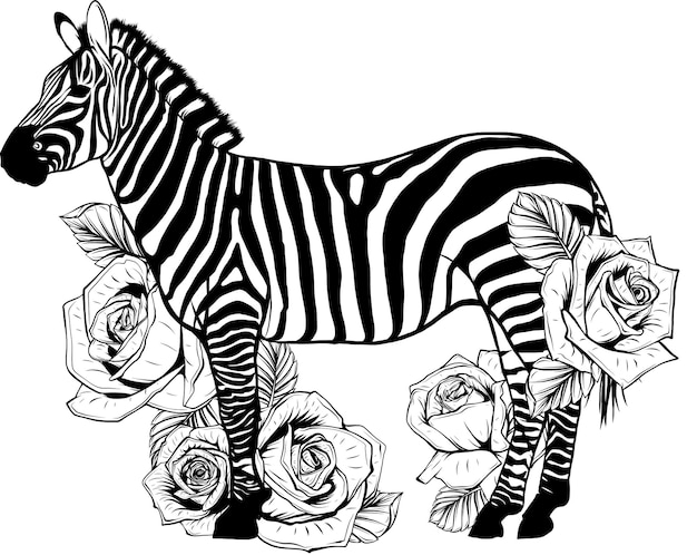 Zebra with rose flower hand drawn s