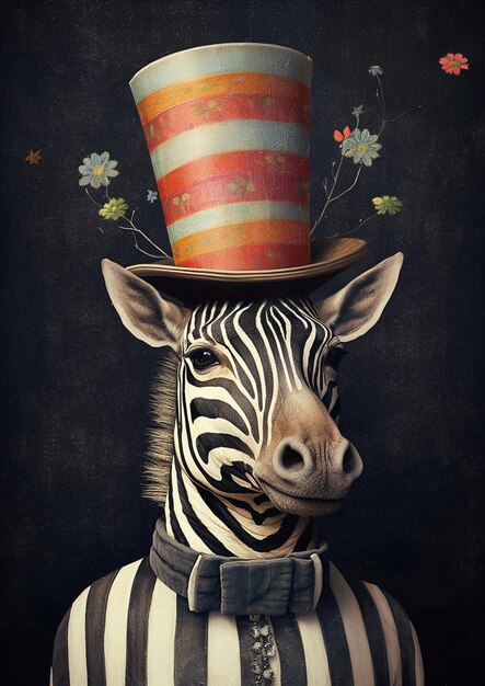 A zebra with a striped hat is wearing a striped top hat.