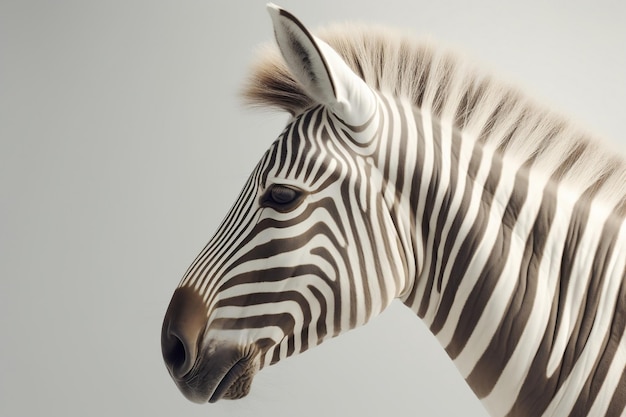 A zebra with stripes on its face is shown.