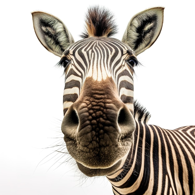 A zebra with a white background and a black nose.