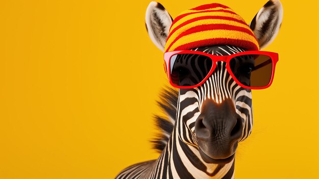 A zebra in yellow glasses and a cap on a orange background ai generative copy space