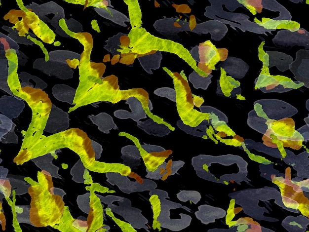 Zebrahuidprint. Dierlijke camouflageachtergrond. Saffraan geel en zwart aquarel camouflage ontwerp. Abstracte Safari-tegel. Afrikaans patroon. Strepen Naadloos Patroon. Geometrische dierlijke textuur.