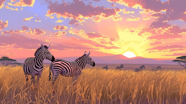 Zebras in the African Savanna Against the Backdrop