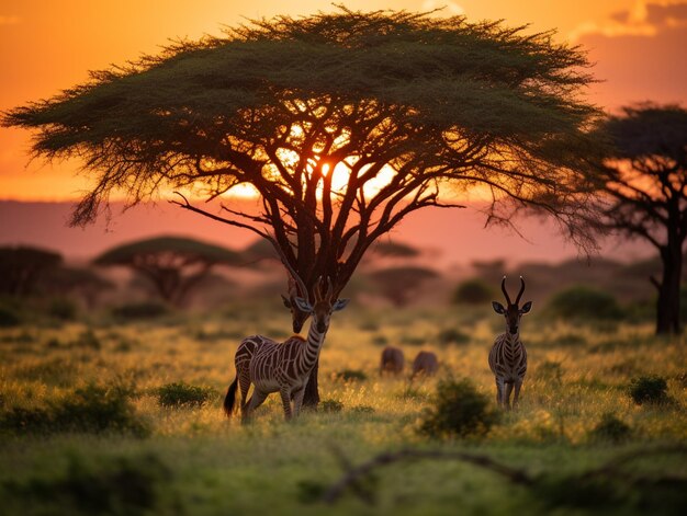 zebras and antelope in the wild at sunset generative ai