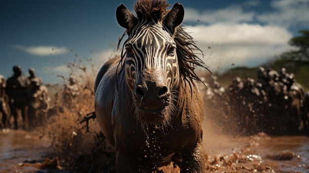 zebras are running through the mud in a muddy field generative ai