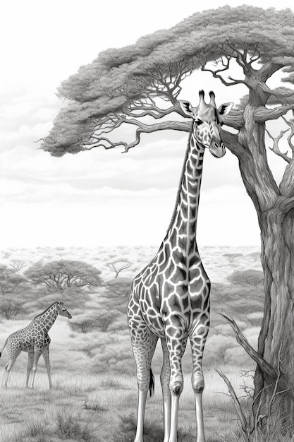 zebras are standing in the grass near a tree and a giraffe generative ai