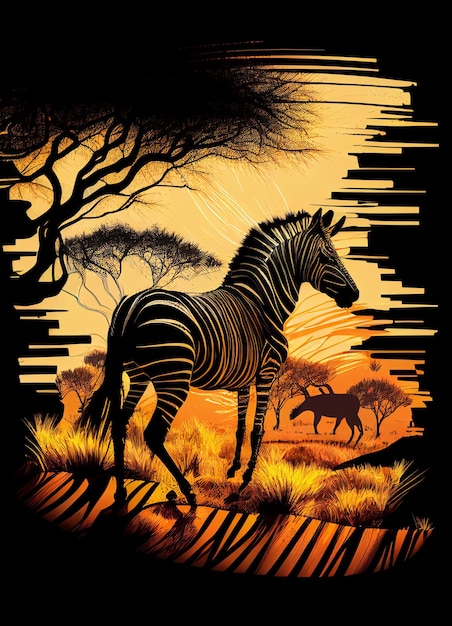 zebras are walking in the wild at sunset with trees generative ai