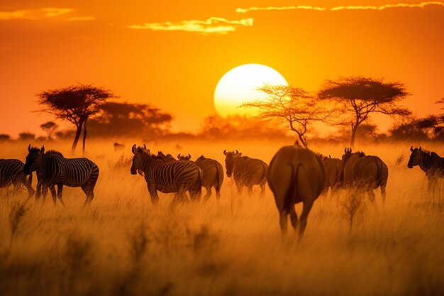 Zebras en andere dieren lopen in een veld bij zonsondergang generatieve ai