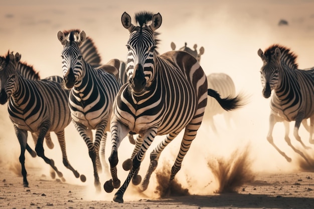 Зебры бегут по африканской саванне Генеративный ИИ