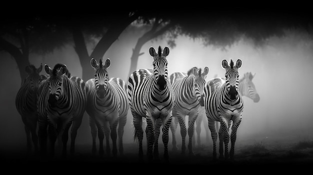 zebras standing in a line in the foggy forest generative ai