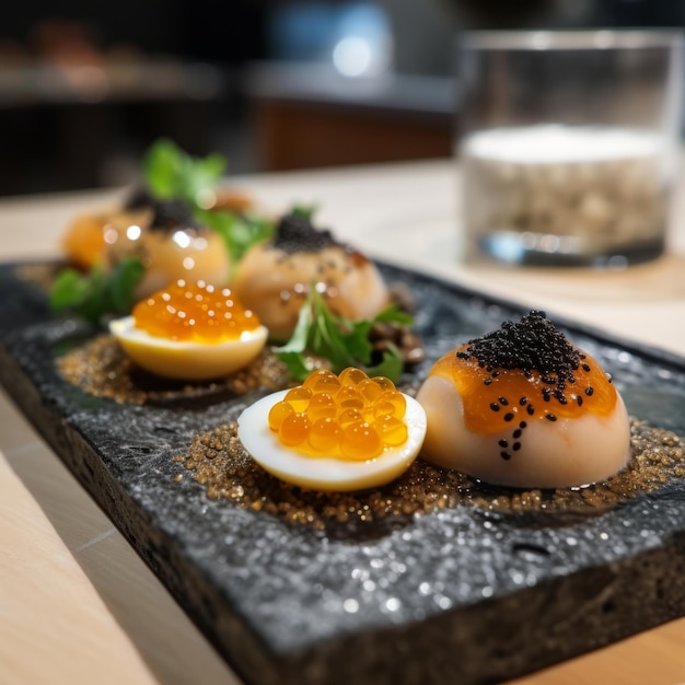 Zee-egels en kwartel-eieren geserveerd in een zeevruchtenrestaurant