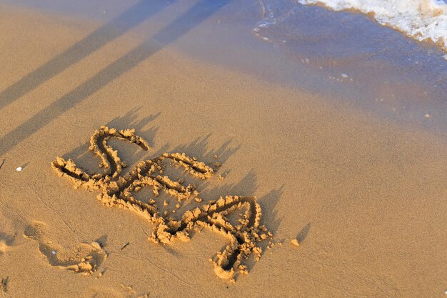 Zee geschreven in het natte zand op een strand vlakbij de zee