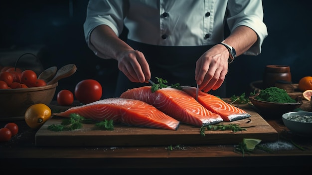 Zee keuken Professionele kok bereidt stukjes rode vis zalmforel