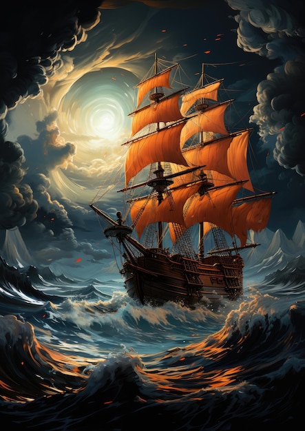 zee storm schip maan dromerige fantasie mysterie tarot illustratie kunst tattoo poster kaart nacht