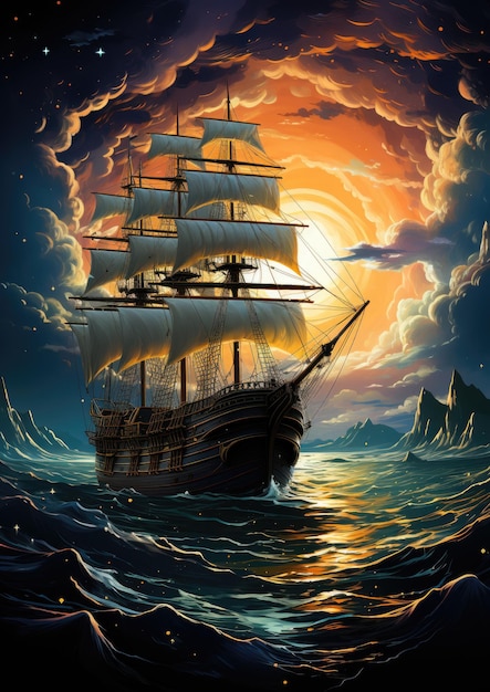 zee storm schip maan dromerige fantasie mysterie tarot illustratie kunst tattoo poster kaart nacht