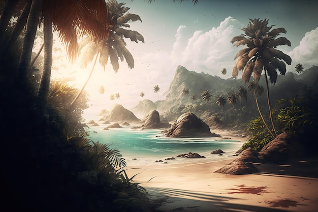 Zee strand met grote palmbomen aan de horizon tropisch landschap