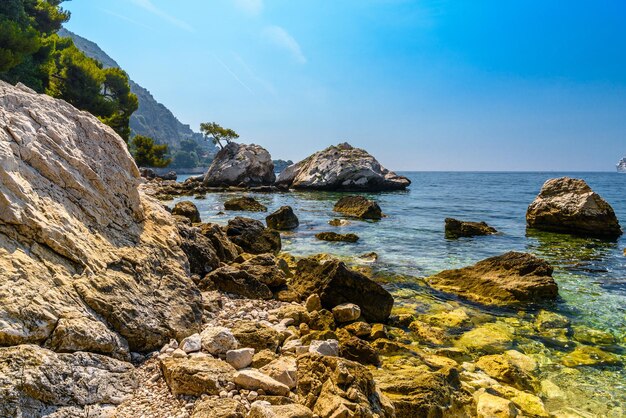 Zee strand met stenen en rotsen Beausoleil Nice Nizza AlpesMaritimes ProvenceAlpesCote d'Azur Cote d'Azur Franse Rivièra Frankrijk