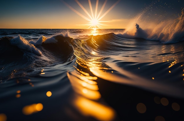 Foto zee van eindeloze golven met de glinsterende weerspiegeling van de zon