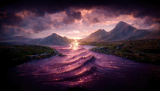 Zee zonsondergang met golven en bergen onder paarse lucht