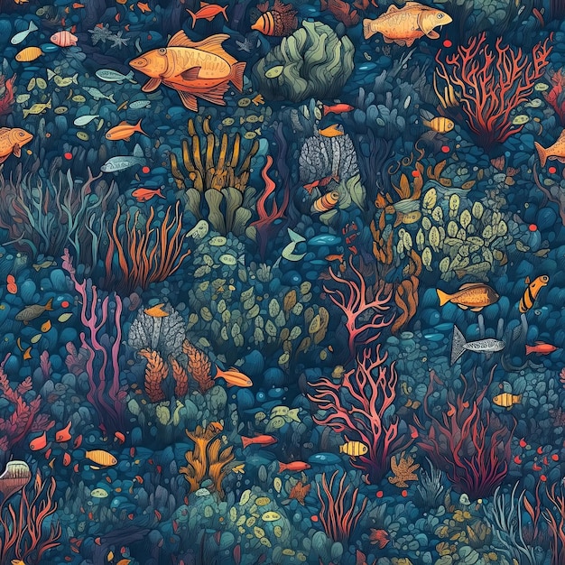 Zeeachtergrond met naadloos patroon met vissen en tropische algen in de oceaan onderaan Generatieve AI-illustratie