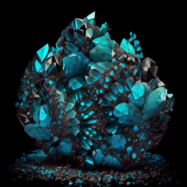 Zeeblauw kristal turquoise edelsteen geïsoleerd op zwarte achtergrond