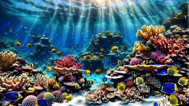 Zeebodem illustratie groep vissen zwemmen rond een koraalrif onder water met vissen tropisch rif