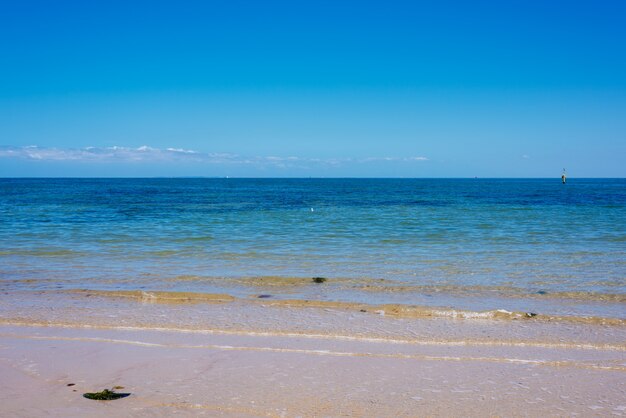 Zeegezicht: blauwe lucht, oceaan en mooi strand.