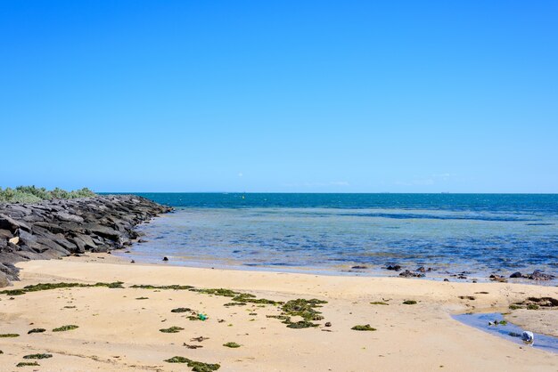 Zeegezicht: blauwe lucht, oceaan en mooi strand.