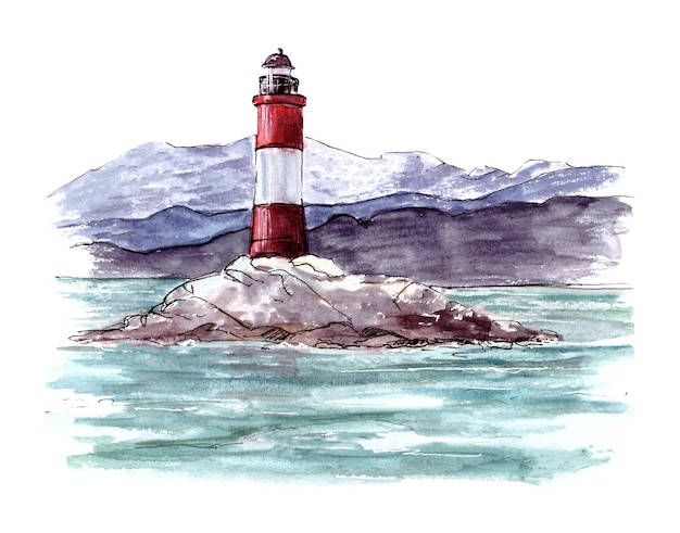 Zeegezicht les eclaireurs vuurtoren beagle kanaal nabij ushuaia aquarel illustratie handgeschilderd