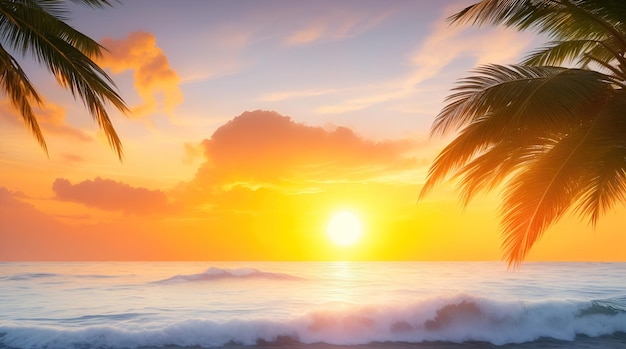 Zeegezicht met golven in de zee schilderachtige lucht bij zonsondergang en palmbakken