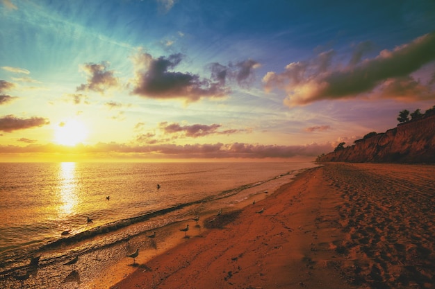 Zeegezicht met prachtige ochtendlucht Klei steile kust Kust tijdens zonsopgang