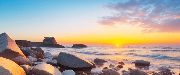 Zeegezicht met rotsachtige kust bij zonsondergang