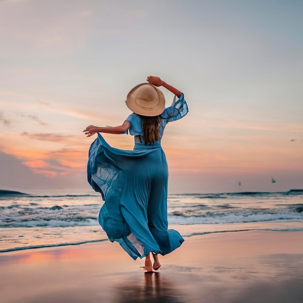 Zeegezicht tijdens zonsopgang Vrouw op het strand Jonge gelukkige vrouw in een lange fladderende blauwe jurk en strohoed loopt aan de kust