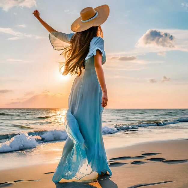 Zeegezicht tijdens zonsopgang Vrouw op het strand Jonge gelukkige vrouw in een lange fladderende blauwe jurk en strohoed loopt aan de kust