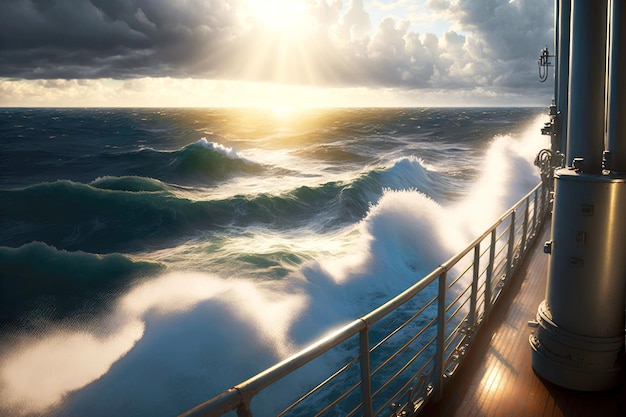 Zeegolven met zonovergoten lichtstralen tegen de achtergrond van het landschap, gezien vanaf het scheepsdek
