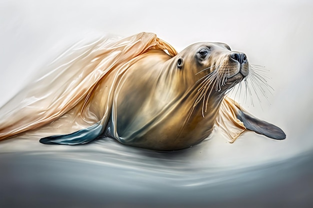 zeehond vast in plastic en zeenet, red oceaanconcept, zeehond vast in zeeafval