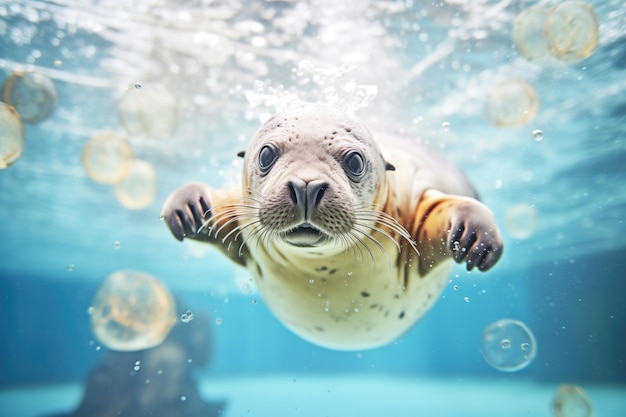 Foto zeehonden duiken onder water met bubbels