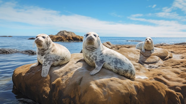 Foto zeehonden koelen zich op rotsachtige uitlopers bij de zee