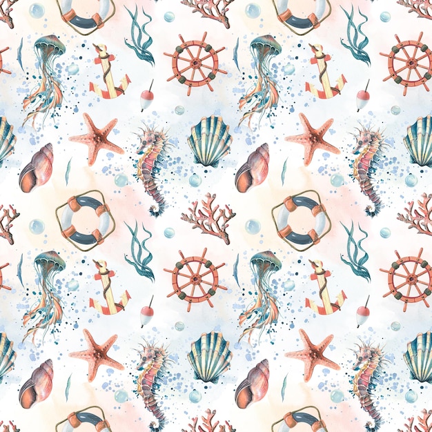 Zeeleven stuurwiel anker en reddingsboei Aquarel illustratie Naadloos patroon op een witte achtergrond uit de SYMPHONY OF THE SEA collectie Voor het ontwerpen van stoffen behang