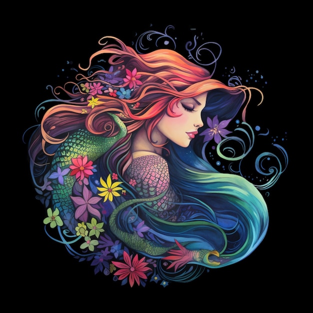 zeemeermin met lang haar en bloemen in haar haar generatieve ai