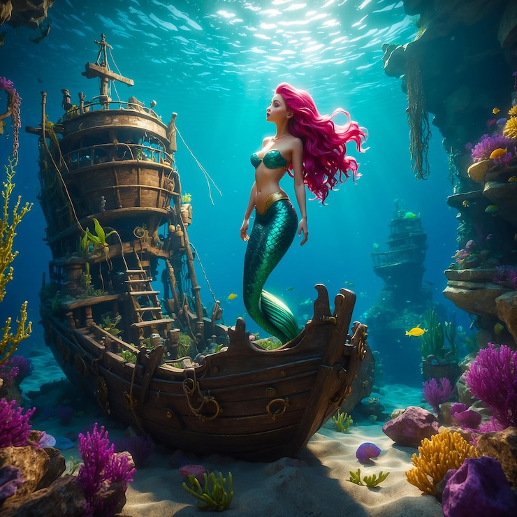 Foto zeemeermin verkent een gezonken schatenschip gegenereerd door ai.