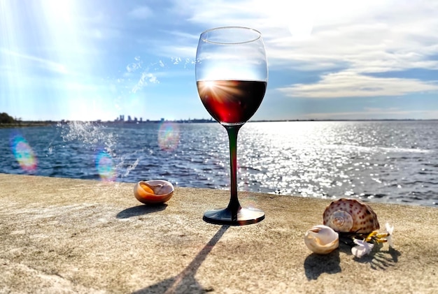 zeemeeuw en glas witte wijn op houten tafel op zee bech blauwe lucht en zonnige dag