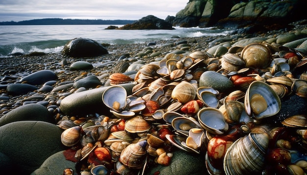 Zeemosselen en schelpen sieren het natte zand dat door AI is gegenereerd