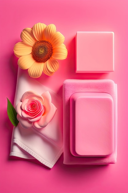 Zeep rozenblaadjes en handdoek op roze achtergrond Concept van natuurlijke spa cosmetica