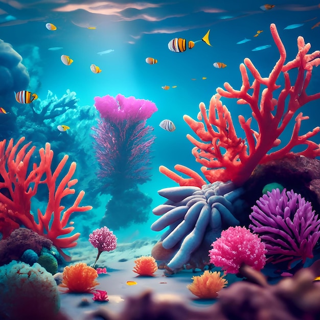 Zeeplantillustratie van de onderzeese tropische wereld met koraalrif op de achtergrond