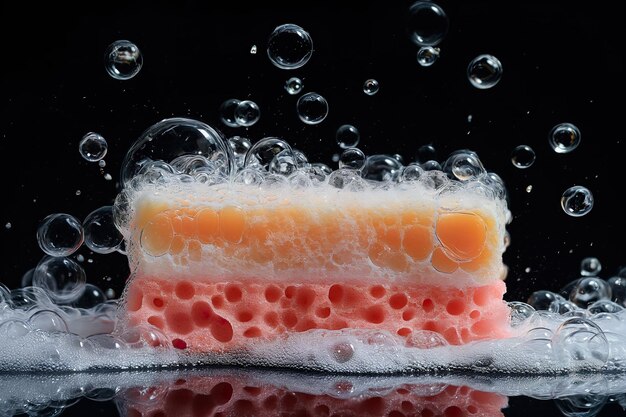 Foto zeepstaaf met een rijke schuim van bubbels op een solide zwarte achtergrond