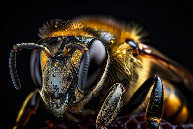 Zeer dichtbij en gedetailleerd macroportret van een bij bedekt met nectar en honing ertegen