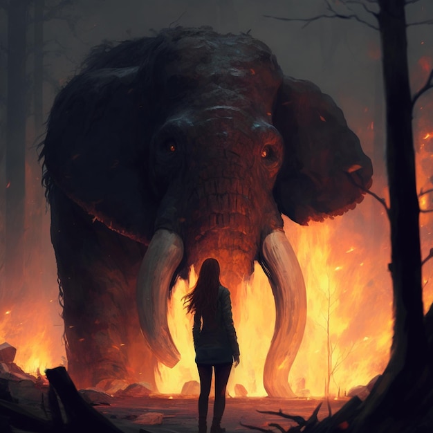Zeer gedetailleerde weergave van een vrouwelijke menselijke mammoet die staart naar een donkere bosbrand AI