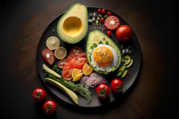 Zeer gezond biologisch voedselbord met avocado's, tomaten, eieren en ander gezond voedsel op tafel food foto food styling_