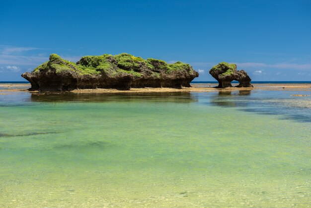 Foto zeer groene eilandjes omgeven door een smaragdgroene zee. iriomote-eiland